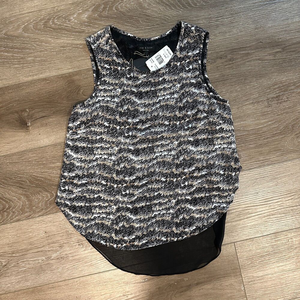NWT dsrag & bone 100% Silk Printed High-Low Sheer Back Tank Top Black Size Small